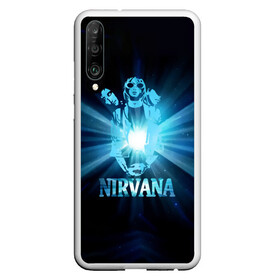 Чехол для Honor P30 с принтом Группа Nirvana в Петрозаводске, Силикон | Область печати: задняя сторона чехла, без боковых панелей | Тематика изображения на принте: kurt cobain | nirvana | вечная память | гитара | гранж | кумир | курт кобейн | лучи | микрофон | музыкант | надпись | нирвана | певец | рок | свет