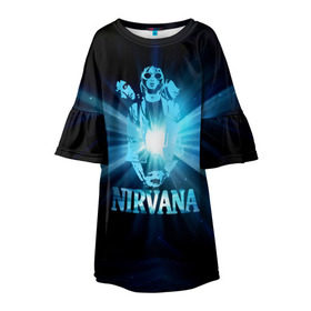 Детское платье 3D с принтом Группа Nirvana в Петрозаводске, 100% полиэстер | прямой силуэт, чуть расширенный к низу. Круглая горловина, на рукавах — воланы | kurt cobain | nirvana | вечная память | гитара | гранж | кумир | курт кобейн | лучи | микрофон | музыкант | надпись | нирвана | певец | рок | свет