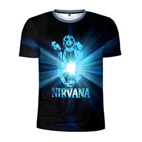Мужская футболка 3D спортивная с принтом Группа Nirvana в Петрозаводске, 100% полиэстер с улучшенными характеристиками | приталенный силуэт, круглая горловина, широкие плечи, сужается к линии бедра | Тематика изображения на принте: kurt cobain | nirvana | вечная память | гитара | гранж | кумир | курт кобейн | лучи | микрофон | музыкант | надпись | нирвана | певец | рок | свет