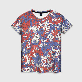 Женская футболка 3D с принтом Бело-сине-красный камуфляж в Петрозаводске, 100% полиэфир ( синтетическое хлопкоподобное полотно) | прямой крой, круглый вырез горловины, длина до линии бедер | белый | красный | милитари | паттрен | россия | синий | текстура | триколор | флаг