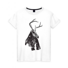 Женская футболка хлопок с принтом Адепт в Петрозаводске, 100% хлопок | прямой крой, круглый вырез горловины, длина до линии бедер, слегка спущенное плечо | готический | животное | лес | мистика | мрачное | ночь | олень | рога | страшное | череп