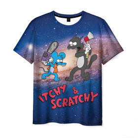 Мужская футболка 3D с принтом Itchy & Scratchy space в Петрозаводске, 100% полиэфир | прямой крой, круглый вырез горловины, длина до линии бедер | Тематика изображения на принте: simpsons | the itchy  scratchy | симпсоны | щекотка и царапка