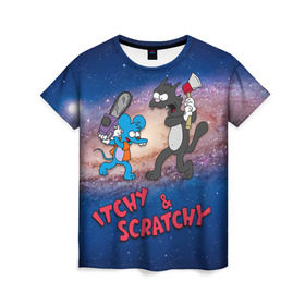 Женская футболка 3D с принтом Itchy & Scratchy space в Петрозаводске, 100% полиэфир ( синтетическое хлопкоподобное полотно) | прямой крой, круглый вырез горловины, длина до линии бедер | simpsons | the itchy  scratchy | симпсоны | щекотка и царапка