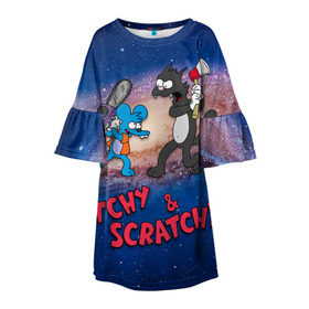 Детское платье 3D с принтом Itchy & Scratchy space в Петрозаводске, 100% полиэстер | прямой силуэт, чуть расширенный к низу. Круглая горловина, на рукавах — воланы | simpsons | the itchy  scratchy | симпсоны | щекотка и царапка