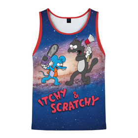 Мужская майка 3D с принтом Itchy & Scratchy space в Петрозаводске, 100% полиэстер | круглая горловина, приталенный силуэт, длина до линии бедра. Пройма и горловина окантованы тонкой бейкой | Тематика изображения на принте: simpsons | the itchy  scratchy | симпсоны | щекотка и царапка