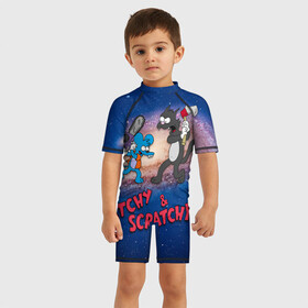 Детский купальный костюм 3D с принтом Itchy & Scratchy space в Петрозаводске, Полиэстер 85%, Спандекс 15% | застежка на молнии на спине | simpsons | the itchy  scratchy | симпсоны | щекотка и царапка