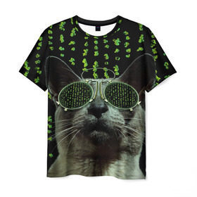 Мужская футболка 3D с принтом Кот в матрице в Петрозаводске, 100% полиэфир | прямой крой, круглый вырез горловины, длина до линии бедер | Тематика изображения на принте: кот | матрица | очки