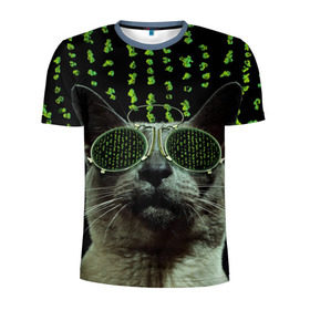 Мужская футболка 3D спортивная с принтом Кот в матрице в Петрозаводске, 100% полиэстер с улучшенными характеристиками | приталенный силуэт, круглая горловина, широкие плечи, сужается к линии бедра | кот | матрица | очки