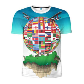 Мужская футболка 3D спортивная с принтом Флаги в Петрозаводске, 100% полиэстер с улучшенными характеристиками | приталенный силуэт, круглая горловина, широкие плечи, сужается к линии бедра | Тематика изображения на принте: америка | казахстан | карта | россия | туризм | флаг | флаги | шар