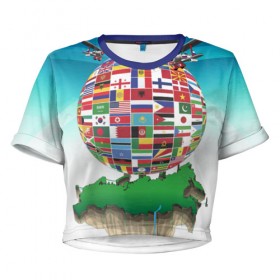 Женская футболка 3D укороченная с принтом Флаги в Петрозаводске, 100% полиэстер | круглая горловина, длина футболки до линии талии, рукава с отворотами | америка | казахстан | карта | россия | туризм | флаг | флаги | шар
