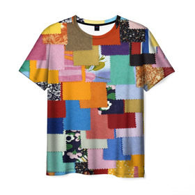 Мужская футболка 3D с принтом Цветные лоскуты в Петрозаводске, 100% полиэфир | прямой крой, круглый вырез горловины, длина до линии бедер | color | spray | капли красок | лоскуты | одежда | радуга | разноцветные | цветные