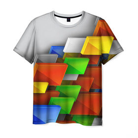 Мужская футболка 3D с принтом Абстрактные фигуры в Петрозаводске, 100% полиэфир | прямой крой, круглый вырез горловины, длина до линии бедер | грань | краски | кубик | кубики | линии | мозаика | разноцветные кубы | ребро | текстура | тени | узор