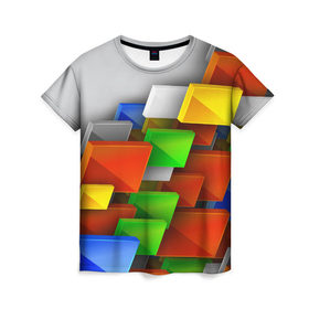 Женская футболка 3D с принтом Абстрактные фигуры в Петрозаводске, 100% полиэфир ( синтетическое хлопкоподобное полотно) | прямой крой, круглый вырез горловины, длина до линии бедер | грань | краски | кубик | кубики | линии | мозаика | разноцветные кубы | ребро | текстура | тени | узор
