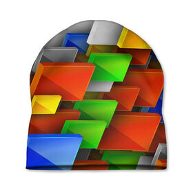 Шапка 3D с принтом Абстрактные фигуры в Петрозаводске, 100% полиэстер | универсальный размер, печать по всей поверхности изделия | Тематика изображения на принте: грань | краски | кубик | кубики | линии | мозаика | разноцветные кубы | ребро | текстура | тени | узор