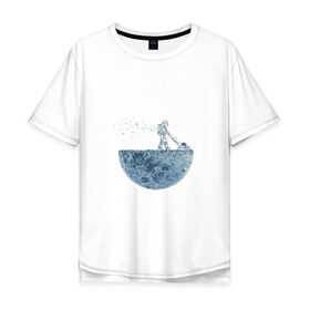 Мужская футболка хлопок Oversize с принтом Стрижет луну в Петрозаводске, 100% хлопок | свободный крой, круглый ворот, “спинка” длиннее передней части | газонокосилка | звезды | космонавт | космос | луна | луны | поверхность | пузыри | рисунок | скафандр | фантастика