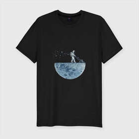 Мужская футболка премиум с принтом Стрижет луну в Петрозаводске, 92% хлопок, 8% лайкра | приталенный силуэт, круглый вырез ворота, длина до линии бедра, короткий рукав | Тематика изображения на принте: газонокосилка | звезды | космонавт | космос | луна | луны | поверхность | пузыри | рисунок | скафандр | фантастика