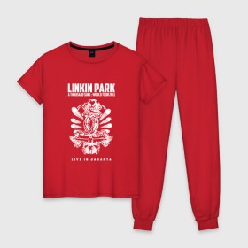 Женская пижама хлопок с принтом Linkin Park две эмблемы в Петрозаводске, 100% хлопок | брюки и футболка прямого кроя, без карманов, на брюках мягкая резинка на поясе и по низу штанин | 