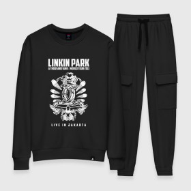 Женский костюм хлопок с принтом Linkin Park две эмблемы в Петрозаводске, 100% хлопок | на свитшоте круглая горловина, мягкая резинка по низу. Брюки заужены к низу, на них два вида карманов: два 