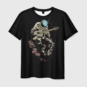 Мужская футболка 3D с принтом Космонавт с гитарой в Петрозаводске, 100% полиэфир | прямой крой, круглый вырез горловины, длина до линии бедер | гитара | звезды | земля | космонавт | космос | рок | сфера