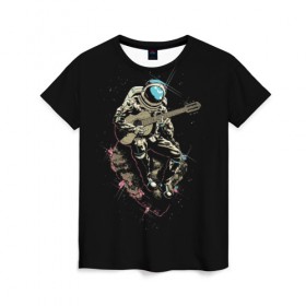Женская футболка 3D с принтом Космонавт с гитарой в Петрозаводске, 100% полиэфир ( синтетическое хлопкоподобное полотно) | прямой крой, круглый вырез горловины, длина до линии бедер | Тематика изображения на принте: гитара | звезды | земля | космонавт | космос | рок | сфера