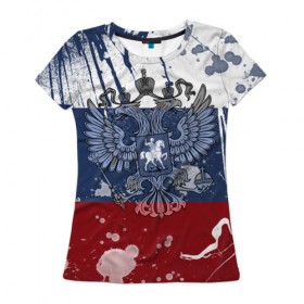 Женская футболка 3D с принтом Триколор и герб в Петрозаводске, 100% полиэфир ( синтетическое хлопкоподобное полотно) | прямой крой, круглый вырез горловины, длина до линии бедер | герб | орел | россия | триколор | флаг | я русский