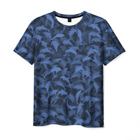 Мужская футболка 3D с принтом Камуфляж с дельфинами в Петрозаводске, 100% полиэфир | прямой крой, круглый вырез горловины, длина до линии бедер | Тематика изображения на принте: вода | дельфин | дельфины | милитари | море | океан | паттерн | синий | текстура | черное