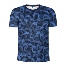 Мужская футболка 3D спортивная с принтом Камуфляж с дельфинами в Петрозаводске, 100% полиэстер с улучшенными характеристиками | приталенный силуэт, круглая горловина, широкие плечи, сужается к линии бедра | Тематика изображения на принте: вода | дельфин | дельфины | милитари | море | океан | паттерн | синий | текстура | черное