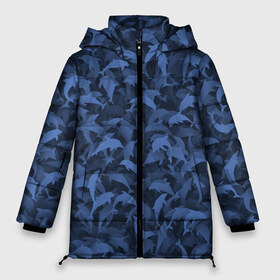 Женская зимняя куртка 3D с принтом Камуфляж с дельфинами в Петрозаводске, верх — 100% полиэстер; подкладка — 100% полиэстер; утеплитель — 100% полиэстер | длина ниже бедра, силуэт Оверсайз. Есть воротник-стойка, отстегивающийся капюшон и ветрозащитная планка. 

Боковые карманы с листочкой на кнопках и внутренний карман на молнии | вода | дельфин | дельфины | милитари | море | океан | паттерн | синий | текстура | черное
