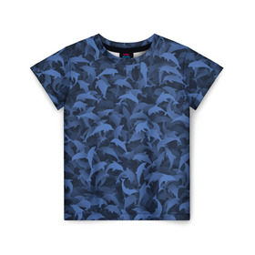 Детская футболка 3D с принтом Камуфляж с дельфинами в Петрозаводске, 100% гипоаллергенный полиэфир | прямой крой, круглый вырез горловины, длина до линии бедер, чуть спущенное плечо, ткань немного тянется | Тематика изображения на принте: вода | дельфин | дельфины | милитари | море | океан | паттерн | синий | текстура | черное