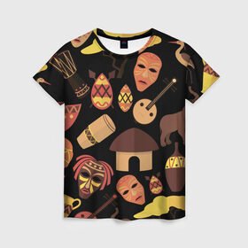 Женская футболка 3D с принтом Бужумбура в Петрозаводске, 100% полиэфир ( синтетическое хлопкоподобное полотно) | прямой крой, круглый вырез горловины, длина до линии бедер | африка | барабан | маска | слон | черный
