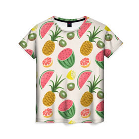 Женская футболка 3D с принтом Тропический рай в Петрозаводске, 100% полиэфир ( синтетическое хлопкоподобное полотно) | прямой крой, круглый вырез горловины, длина до линии бедер | ананас | арбуз | киви | лимон | манго | паттерн | тропики | фрукты