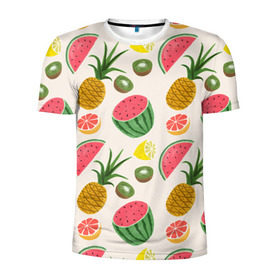 Мужская футболка 3D спортивная с принтом Тропический рай в Петрозаводске, 100% полиэстер с улучшенными характеристиками | приталенный силуэт, круглая горловина, широкие плечи, сужается к линии бедра | Тематика изображения на принте: ананас | арбуз | киви | лимон | манго | паттерн | тропики | фрукты