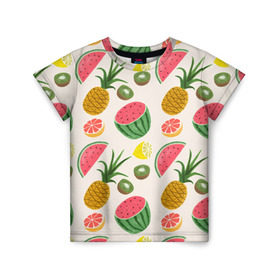 Детская футболка 3D с принтом Тропический рай в Петрозаводске, 100% гипоаллергенный полиэфир | прямой крой, круглый вырез горловины, длина до линии бедер, чуть спущенное плечо, ткань немного тянется | ананас | арбуз | киви | лимон | манго | паттерн | тропики | фрукты