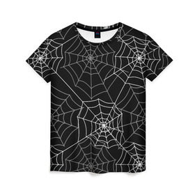 Женская футболка 3D с принтом Паутинка в Петрозаводске, 100% полиэфир ( синтетическое хлопкоподобное полотно) | прямой крой, круглый вырез горловины, длина до линии бедер | белый | паутина | узор | хэллоуин | черный