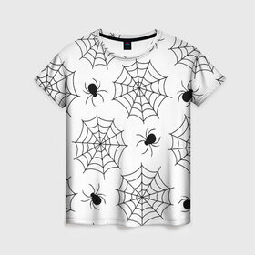 Женская футболка 3D с принтом Паутинка в Петрозаводске, 100% полиэфир ( синтетическое хлопкоподобное полотно) | прямой крой, круглый вырез горловины, длина до линии бедер | белый | паук | паутина | узор | хэллоуин | черный