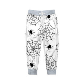 Детские брюки 3D с принтом Паутинка в Петрозаводске, 100% полиэстер | манжеты по низу, эластичный пояс регулируется шнурком, по бокам два кармана без застежек, внутренняя часть кармана из мелкой сетки | белый | паук | паутина | узор | хэллоуин | черный