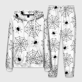 Мужской костюм 3D с принтом Паутинка в Петрозаводске, 100% полиэстер | Манжеты и пояс оформлены тканевой резинкой, двухслойный капюшон со шнурком для регулировки, карманы спереди | белый | паук | паутина | узор | хэллоуин | черный