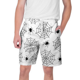 Мужские шорты 3D с принтом Паутинка в Петрозаводске,  полиэстер 100% | прямой крой, два кармана без застежек по бокам. Мягкая трикотажная резинка на поясе, внутри которой широкие завязки. Длина чуть выше колен | белый | паук | паутина | узор | хэллоуин | черный