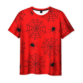 Мужская футболка 3D с принтом Happy Halloween в Петрозаводске, 100% полиэфир | прямой крой, круглый вырез горловины, длина до линии бедер | Тематика изображения на принте: белый | паук | паутина | узор | хэллоуин | черный