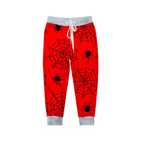 Детские брюки 3D с принтом Happy Halloween в Петрозаводске, 100% полиэстер | манжеты по низу, эластичный пояс регулируется шнурком, по бокам два кармана без застежек, внутренняя часть кармана из мелкой сетки | белый | паук | паутина | узор | хэллоуин | черный