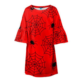 Детское платье 3D с принтом Happy Halloween в Петрозаводске, 100% полиэстер | прямой силуэт, чуть расширенный к низу. Круглая горловина, на рукавах — воланы | белый | паук | паутина | узор | хэллоуин | черный