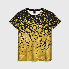 Женская футболка 3D с принтом Золотой в Петрозаводске, 100% полиэфир ( синтетическое хлопкоподобное полотно) | прямой крой, круглый вырез горловины, длина до линии бедер | блеск | блестки | желтый | круги | перетекание | россыпь | черный