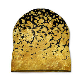 Шапка 3D с принтом Золотой в Петрозаводске, 100% полиэстер | универсальный размер, печать по всей поверхности изделия | Тематика изображения на принте: блеск | блестки | желтый | круги | перетекание | россыпь | черный