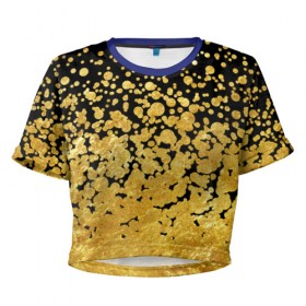 Женская футболка 3D укороченная с принтом Золотой в Петрозаводске, 100% полиэстер | круглая горловина, длина футболки до линии талии, рукава с отворотами | блеск | блестки | желтый | круги | перетекание | россыпь | черный