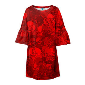 Детское платье 3D с принтом Красные черепа в Петрозаводске, 100% полиэстер | прямой силуэт, чуть расширенный к низу. Круглая горловина, на рукавах — воланы | камуфляж | кости | красный | милитари | паттерн | скелет | текстура | хеллоуин