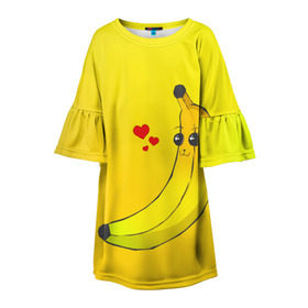 Детское платье 3D с принтом Just Banana (Yellow) в Петрозаводске, 100% полиэстер | прямой силуэт, чуть расширенный к низу. Круглая горловина, на рукавах — воланы | Тематика изображения на принте: banana | банан | желтый | оранжевый | фрукты