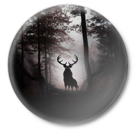 Значок с принтом Лес / Олень в тумане в Петрозаводске,  металл | круглая форма, металлическая застежка в виде булавки | Тематика изображения на принте: абстракция | арт | глаза | девушка | деревья | животное | животные | лес | листья | лучшие | ночь | олень | пейзаж | природа | туман | хеллоуин