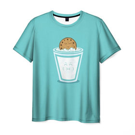 Мужская футболка 3D с принтом Молоко и печенюшка в Петрозаводске, 100% полиэфир | прямой крой, круглый вырез горловины, длина до линии бедер | еда | завтрак | здоровье | молоко | печенье | шоколад