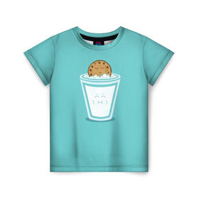 Детская футболка 3D с принтом Молоко и печенюшка в Петрозаводске, 100% гипоаллергенный полиэфир | прямой крой, круглый вырез горловины, длина до линии бедер, чуть спущенное плечо, ткань немного тянется | еда | завтрак | здоровье | молоко | печенье | шоколад