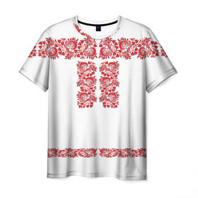 Мужская футболка 3D с принтом Вышиванка в Петрозаводске, 100% полиэфир | прямой крой, круглый вырез горловины, длина до линии бедер | белорусская | вышиванка | древнерусская | к празднику | косоворотка | красные | масленица | национальная одежда | патриотическая | рубаха | русская | узоры | украинская